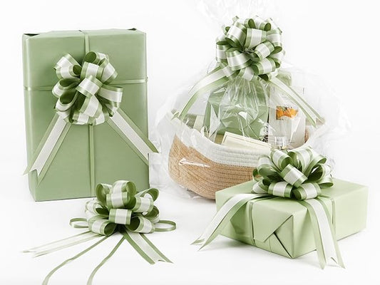 HUIHUANG Sage Green Pull Bows for Gift Wrapping 12 PCS Sage and Ivory Double Layer Satin Pull Bows 6" x 10" Gift Bow for Presents, Gift Basket, Birthday Baby Shower Wedding Party Decor
