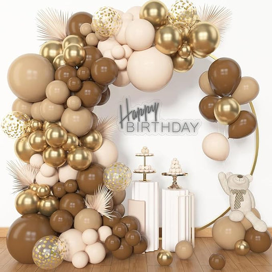 Archloon 156pcs Brown Balloon Garland Arch Kit, Different Sizes 18 12 10 5 inch Brown Nude Latex Metallic Confetti Gold Balloons for Neutral Bear Baby Shower Safari Birthday Party Decorations Supplies