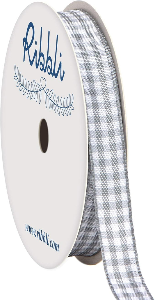 Ribbli Gray and White Gingham Ribbon,100% Polyester Woven Edge,3/8 Inch x 10 Yard,Plaid Ribbon Use for Gift Wrapping,Party Decoration