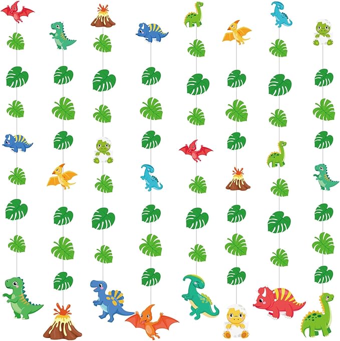 Daifunli 8 Pcs Dinosaur Party Decorations Dinosaur Garlands Watercolor Dino Hanging Banner Palm Leaves String Decor for Boy Jungle Dino Theme Birthday Baby Shower Party Supplies Home Wall Backdrop