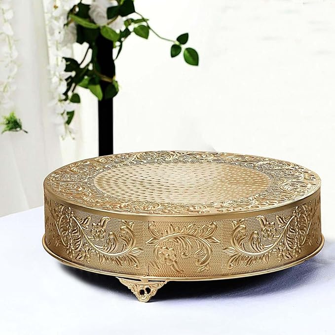 Efavormart 18" Gold Round Embossed Metal Cake Plateau Stand, Wedding Dessert Table Display Riser