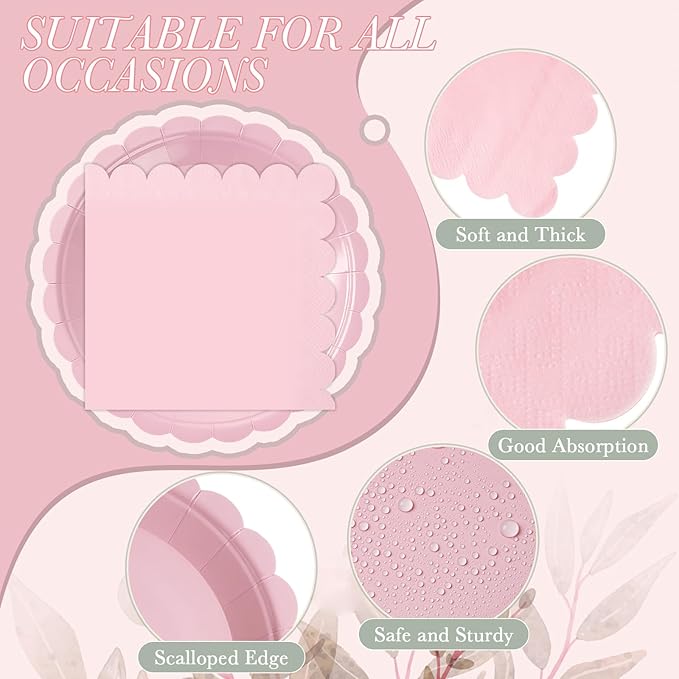 120 Pcs Pink Paper Plates and Napkins Party Supplies Bulk Disposable 7 Inch Scalloped Plates Cocktail Napkins for Wedding Bridal Baby Shower Birthday Decorations, Serve 60 Guests