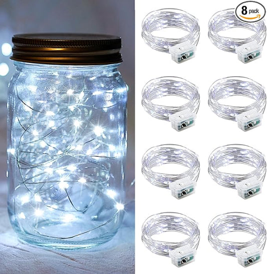 8 Pack White Fairy Lights 7Ft 20 LED Twinkle String Lights 3 Modes Battery Operated Waterproof Firefly Starry for Mason Jar Wedding Party Bedroom Patio Christmas Valentines Day Table Centerpieces