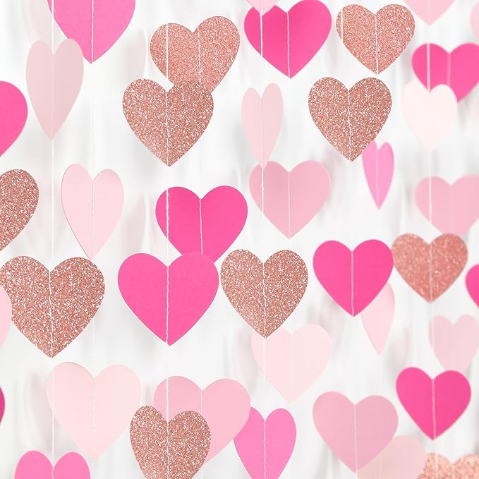 Light-Pink Rose-Gold Valentines Party-Decorations Heart-Garland - 52ft Red Galentines Streamers Banner,Women Romantic Special Night Wedding Bachelorette Bridal Shower Birthday Backdrop Decor Burgleda