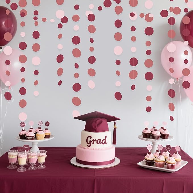 Burgundy Dusty Pink Decorations Circle Dot Garland Maroon Pink Hanging Polka Dot Streamer Banner for Wedding Birthday Bridal Shower Engagement Baby Shower Graduation Anniversary Garnet Party Supplies