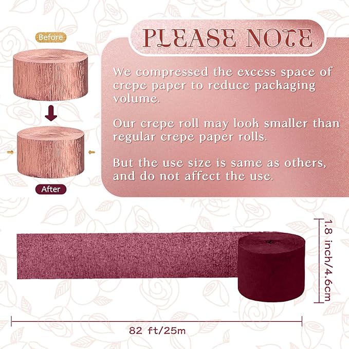 NICROLANDEE 8 Rolls Burgundy Rose Gold Crepe Paper Streamer Rolls for Birthday Wedding Engagement Bridal Shower Bachelorette Anniversary Valentine's Day Decorations