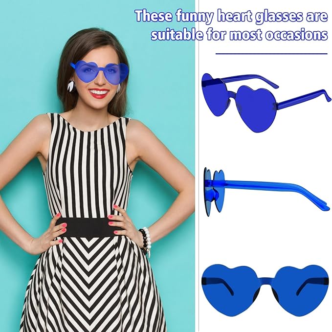 NACHLYNN 12 Pairs Navy Blue Heart Sunglasses for Women - Rimless Shaped Glasses for Party Favors