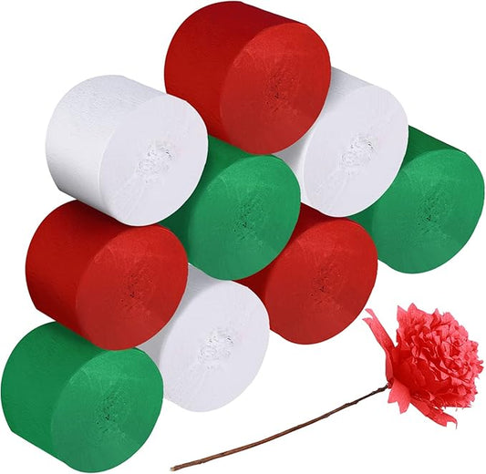 9 Rolls Crepe Paper Streamers Party Decorations 246 Yards in 3 Colors for Xmas Hanging Backdrops Party Decorations Christmas DIY Craft Supplies(Simple Style,Red, Green, White)