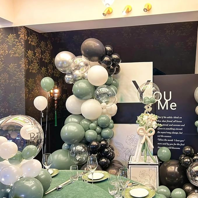 Sage Green and Black Balloon Arch Kit, 151Pcs Green Black Bobo Balloons Garland 18 12 10 5 inch for Birthday, Graduation, Baby Shower, Wedding, Anniversary, Holiday Party Decoration