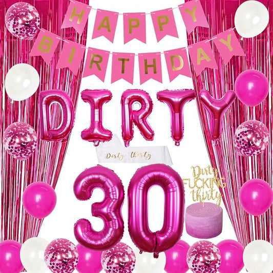 30th Birthday Party Decorations for Her Hot Pink Dirty Thirty Banner Balloon Dirty 30 Sash Cake Topper for 30 Years Old Birthday Party Supplies