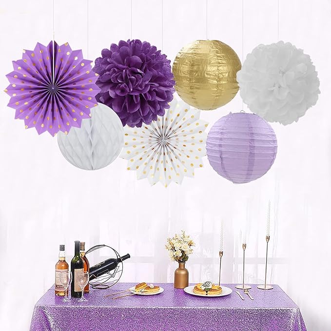 Purple-Gold Party Decorations Streamers Lanterns - 14pcs White Lavender Paper Fan Graduation Woman Birthday Wedding Bridal Shower Tissue Pom Poms,Honeycomb Balls Valentines day Decor Ouruola