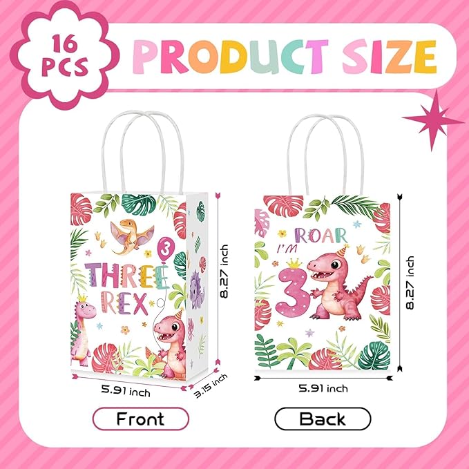 Greencian 16Pcs Pink Dinosaur 3rd Birthday Party Favor Bags 3 Rex Dinosaur Candy Treat Gift Goodie Bags with Handles Three Year Old Birthday Decorations for Girls 3 Year Old Party Favors Supplies