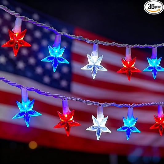 4th of July Decorations Star String Lights, 13.6Ft Red White Blue Patriotic Lights with 35 LED Stars, Waterproof Plug in Fairy String Lights for Memorial Day Independence Day Outdoor Indoor Decor