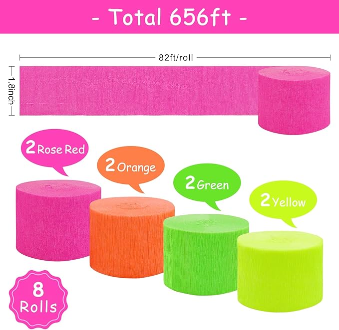 8 Rolls Neon Glow Crepe Paper Streamers Glow in Dark Party Supplies Pink Green Orange Yellow Colorful Paper Streamers for Birthday Neon Disco Glow Party （Total 656ft, 1.8Inch x 82Ft/Roll）