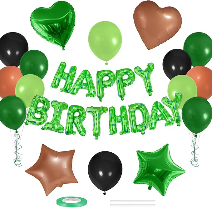 CANREVEL Happy Birthday Banner 30 Pcs 16 Inch Mylar Foil Letters with Star & Heart Balloons Green Pixel Miner Theme Birthday Party Decorations for Kids and Adults