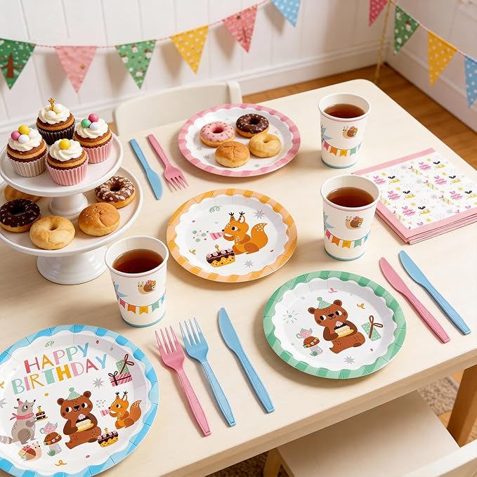 144Pcs Forest Woodland Animal Birthday Party Supplies Decorations Paper Plates Napkins Vintage Party Tableware Disposable Jungle Dinnerware Set for Kids Birthday Baby Shower Table Decor, Serve 24
