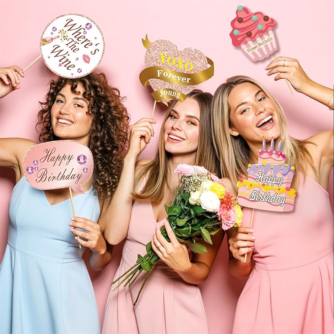 Birthday Decorations, Tumwisk 33PCS 30th Birthday Decorations for Girls, Rose Gold Happy 30th Photo Booth Props Glitter Girl Party Selfie Props(30th)