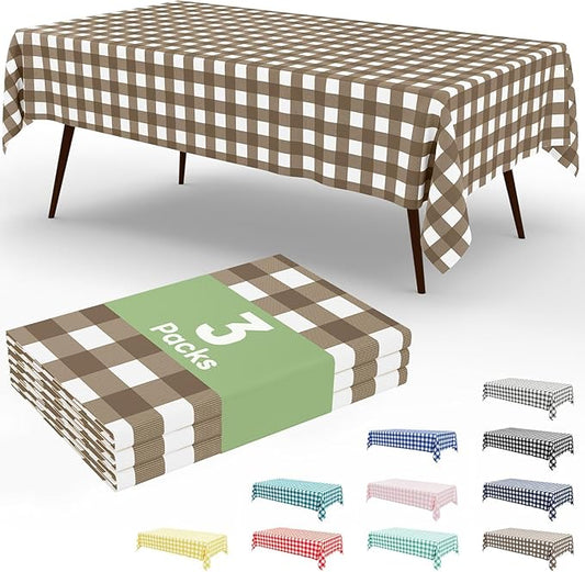 Smiry 3 Pack Brown Gingham Disposable Tablecloths - 54" x 108" Heavy Duty Plastic Table Cloth, Waterproof Buffalo Plaid Table Covers for Picnic, Banquets, Outdoor Parties