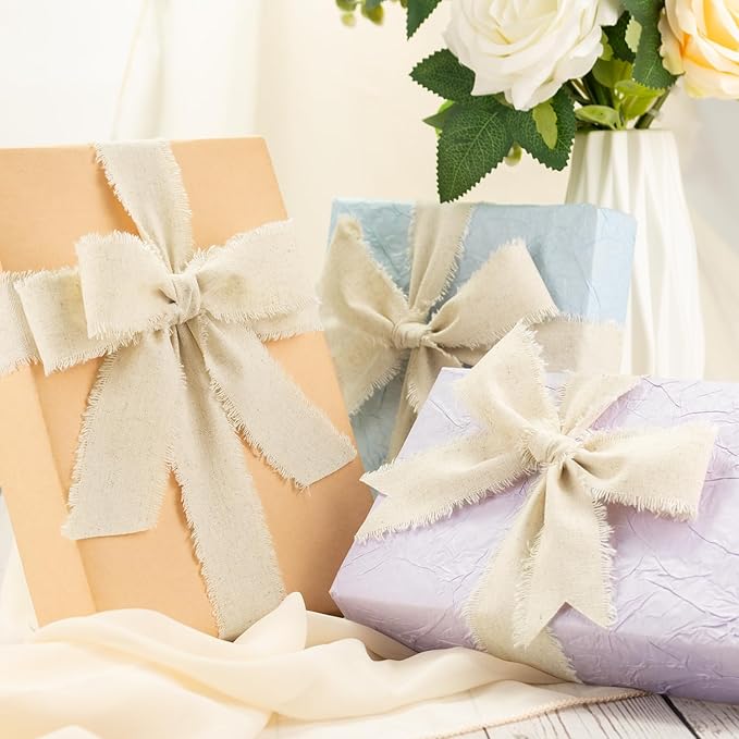 Linen Cotton Ribbon 1-1/2 Inch Linen 3 Rolls 21 Yards Frayed Edge Fabric Set for Rustic Wedding Decor, Bridal Bouquet Wrap, Farmhouse Decor, Table Setting & Gift Wrapping