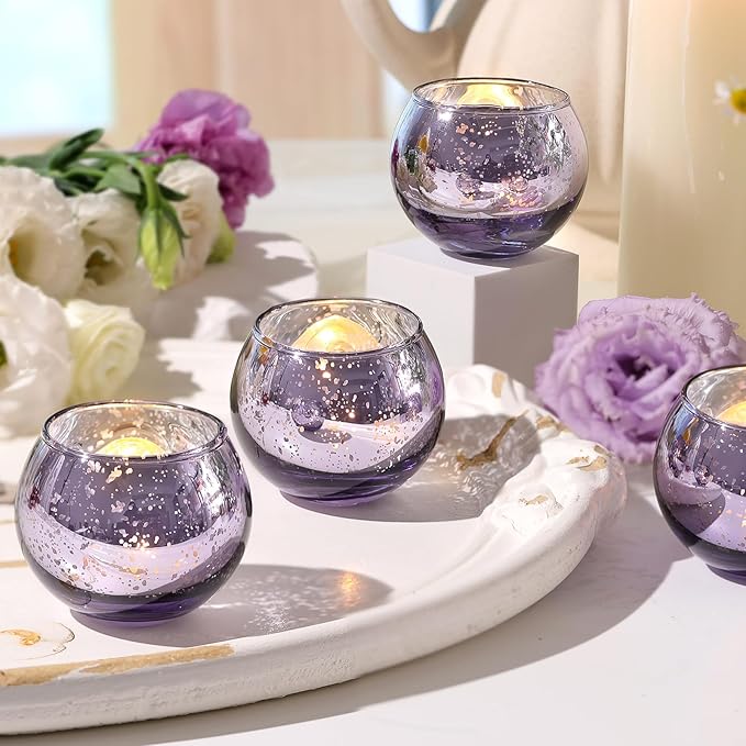 Volens Round Purple Votive Candle Holders Set of 12, Purple Wedding Centerpiece Table Decorations, Mercury Glass Tealight Candle Holder for Bridal Shower, Baby Shower & Home Decor