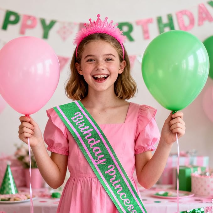 Pink Green Birthday Sash for Girls, Letter "Birthday Princess" Witch Themed Sash with Glitter Foil, Happy Funny Accessories for Party Favors Supplies
