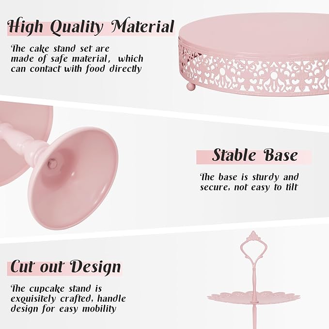 Fivenl 8 Pcs Cake Stand Pink Metal Dessert Table Display Set, 3-Tier Cupcake Stand, Cake Display Tower and Cookie Tray Rack Serving Tray for Birthday Party, Weddings, Baby Shower (Pink)