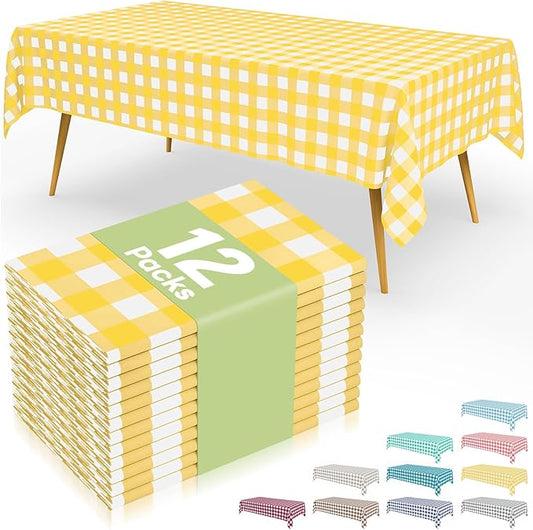 Smiry 12 Packs Gingham Disposable Table Cloth, 54 x 108 Inch Waterproof Plastic Tablecloth, Rectangle Yellow and White Checkered Table Covers for Picnic, Birthday, Party