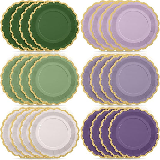 96 Pcs Sage Green Purple Paper Plates 9 Inch Lavender Scalloped Paper Disposable Dinner Dessert Plates for Birthday Wedding Bridal Party Supplies, 6 Colors