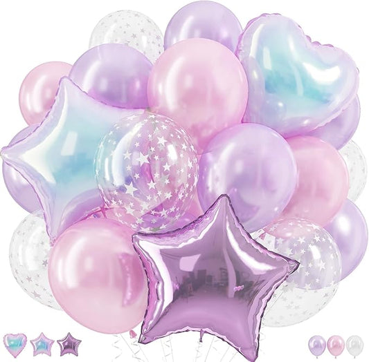 Pink and Purple Balloons, Pastel Pale Pink Light Purple Lilac Transparent Star Latex Balloon With Iridescent Heart Lavender Star Foil Balloons for Kpop Birthday Party Baby Shower Princess Decorations