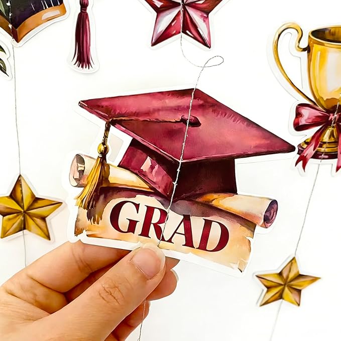 Maroon Gold Graduation Party Hanging Streamer Floral Burgundy Gold Star Grad Cap Garland Banner for Congrats Grad Class of 2026 You Did It We are So Proud of You Themed Party Decorations Supplies