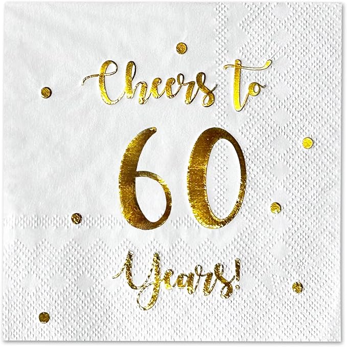 Cheers to 60 Years Cocktail Napkins | Happy 60th Birthday Decorations for Men and Women and Wedding Anniversary Party Decorations | 50-Pack 3-Ply Napkins | 5 x 5 inch folded (White)