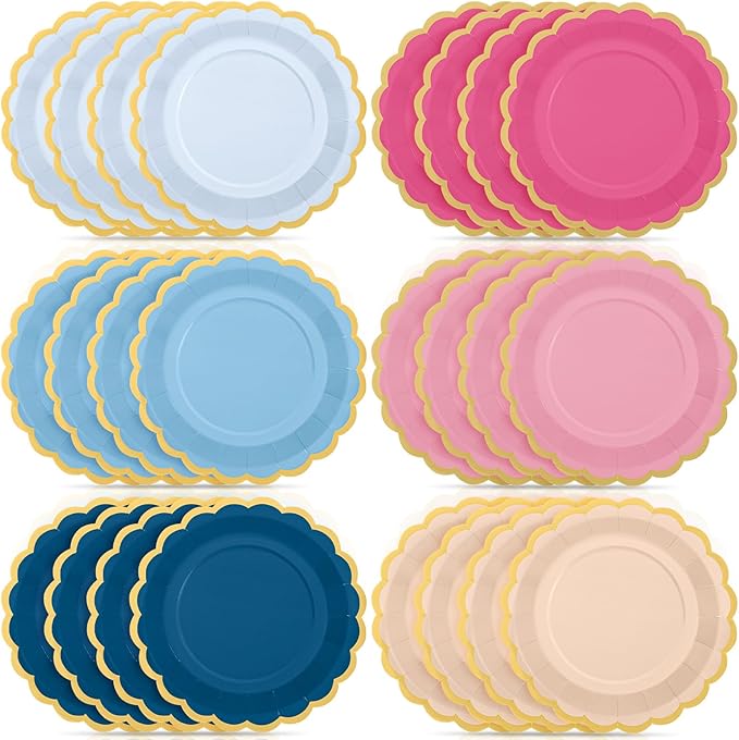48 Pcs Pink Navy Blue Paper Plates 9 Inch Gradient Scalloped Paper Plates Disposable Dinner Dessert for Dancing Queen Birthday Wedding Bridal Party Supplies, 6 Colors