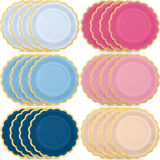 48 Pcs Pink Navy Blue Paper Plates 9 Inch Gradient Scalloped Paper Plates Disposable Dinner Dessert for Dancing Queen Birthday Wedding Bridal Party Supplies, 6 Colors