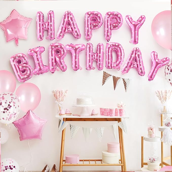 CANREVEL Happy Birthday Banner 13pcs 16 Inch Mylar Foil Letters Balloons Birthday Party Decorations for Kids and Adults - 3D Pink Heart