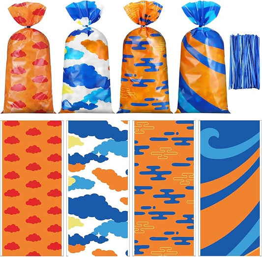 Marspark 100 Pcs Anime Theme Dragon Party Favor Goodie Bags Bulk with Ties 10.8 x 5 Inch Anime Theme Orange Red Stars Cellophane Candy Snacks Bags for Baby Shower Birthday Party Decorations