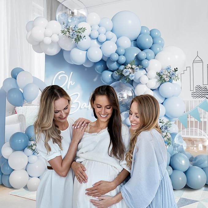 156pcs Dusty Blue Balloon Arch Kit Different Sizes Light blue Baby Blue and White and Clear Latex Balloons Garland Arch Kit for Baby Shower Gender Reveal Wedding Birthday Decorations for Boy Men