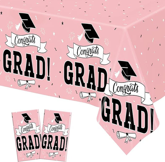 2 PCS Graduation Tablecloth, 108" X 54" Pink Graduation Decorations 2026, Disposable Plastic Tablecover for Class of 2026 Congrats Grad, Rectangle Table Cloths for Grad Decor Party Supplies for Kids