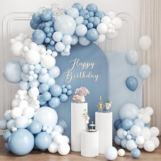 Dusty Blue and White Balloon Garland Arch Kit, 167Pcs Pastel Vintage Smoke Blue Matte White Latex Balloons for Birthday Graduation Baby Shower Gender Reveal Party Decorations