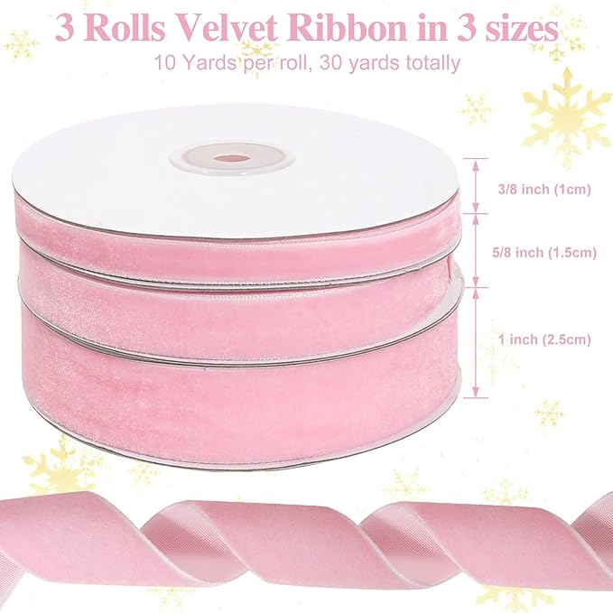 Pink Velvet Ribbon, Velvet Christmas Ribbon Set, 3 Rolls 3/8, 5/8, 1 inch Wide, 30 Yards Vintage Ribbons for Gift Wrapping Christmas Tree Ornaments, Crafts, Wedding Invitations