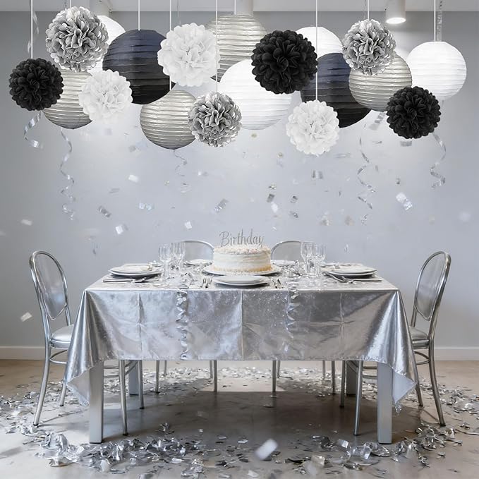 18 PCS Black White Silver Paper Lanterns & Tissue Paper Pom Poms for Men's Birthday, Graduation 2026, Wedding, Hanging Paper Decor for Indoor Outdoor Events Theme Party Supplies