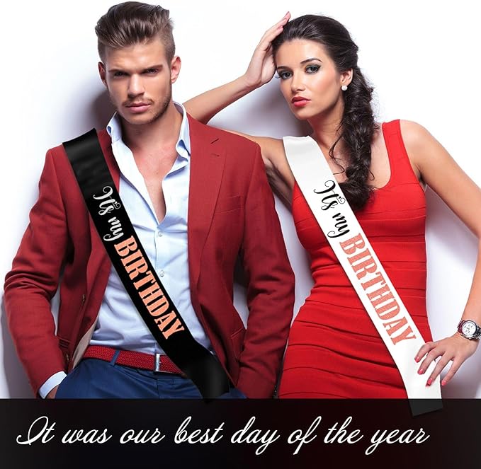 It's My Birthday Sash with Glitter Rose Gold, Black and White Birthday Sashes Decorations for Girls women and Men 16th 18th 21st 30th 40th 50th 60th or Any Birthday Party Supplies Gifts