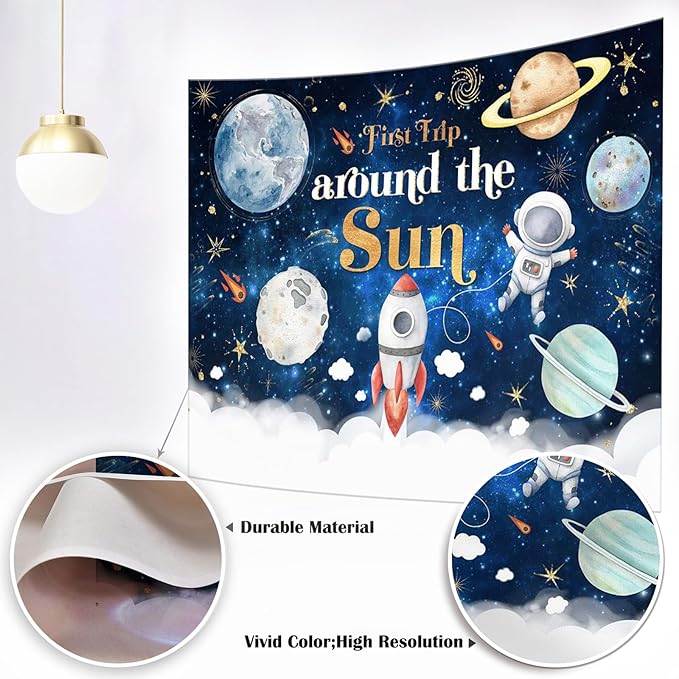Mocsicka First Trip Around The Sun Birthday Backdrop for Boy Outer Space Sun 1st Birthday Party Decoration Galaxy Blast Off Moon Planets Rocket 1st Trip Around The Sun Cake Table Banner(82''x60'')