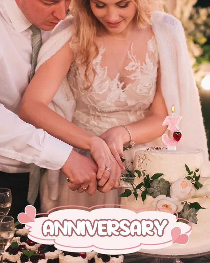 Birthday Candles for Cake, Pink Number Candles, Cake Candles with Greeting Card for Birthday Party Wedding Anniversary Celebrations (Strawberry 3 Candle)