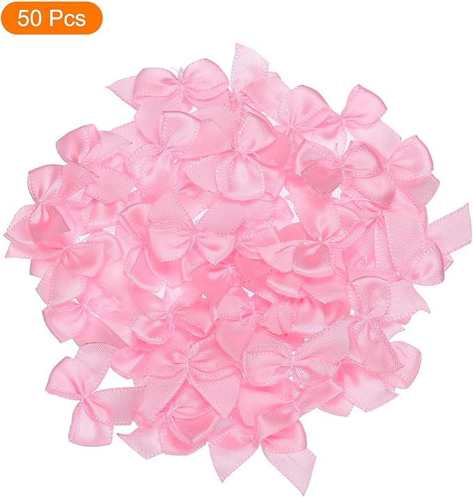 MECCANIXITY 50Pcs Mini Ribbon Bow 1" Mini Fabric Satin Ribbon Flower Bows for Craft DIY Sewing Wedding Birthday Party Pink