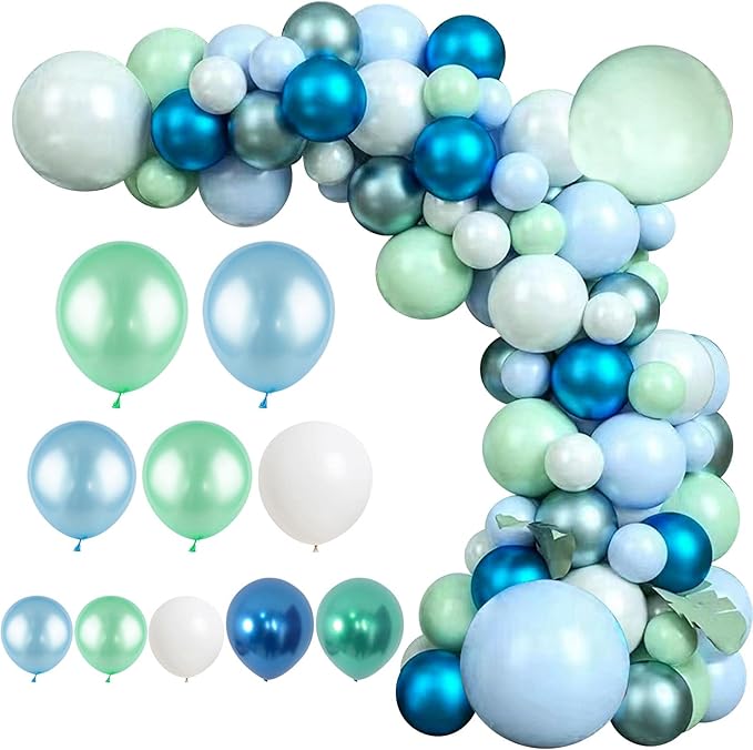 125pcs Blue Green Macaron Balloon and Metallic Blue Silver Balloon Garland Kit for Birthday Retirement Bridal Baby Shower Graduation Wedding Anniversary Party Decoration