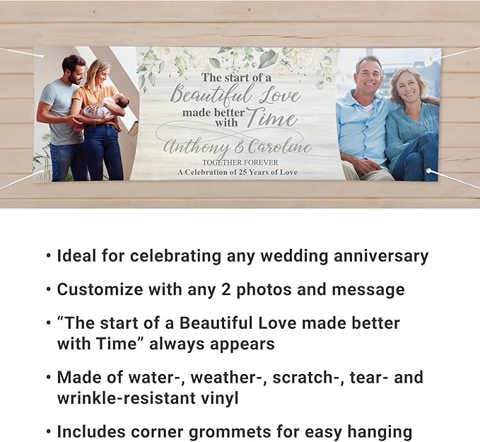Let's Make Memories Personalized Banner - Anniversary Party Decor - Customized Banner - Any Message - Indoor/Outdoor Vinyl - Now and Then Photos - 10 ft