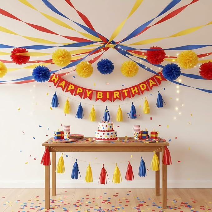 CC wonderland zone 6 Rolls Red, Blue and Yellow Crepe Paper Streamers for Birthday Party Decorations,82 feet Long 1.77 inch Wide