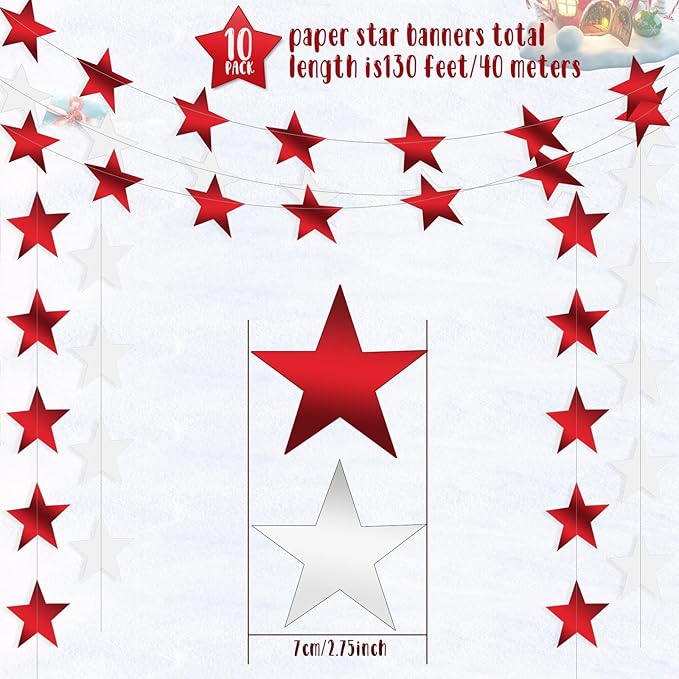 Patelai 130 Feet Glitter Star Garland Banner 2026 Party Decoration Double Side Star Hanging String Streamer Paper Twinkle for Graduation Wedding Birthday (Red and White)