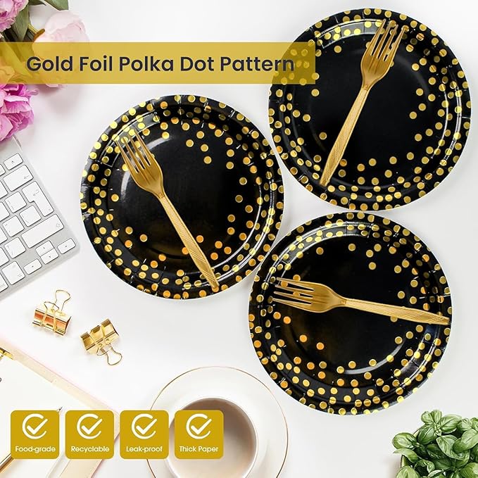 ï»?5PCS Black and Gold Paper Plates and Napkins Party Supplies, Disposable Black Gold Dessert Plates Black Napkins Tableware Dinnerware Set for Birthday Graduation Retirement Weddings Party Decorations