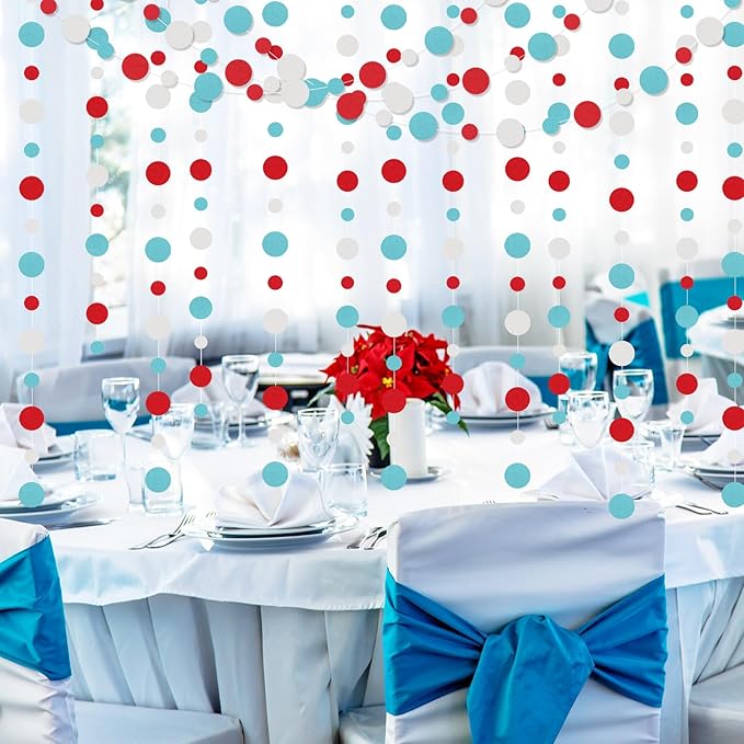 Outus 10 Pieces Colorful Circle Garland Banner Hanging Paper Dot Decorations for Classroom, Birthday Party, Baby Shower, Wedding Backdrop & Photo Booth Graduation Decor (Light Blue,White,Red)